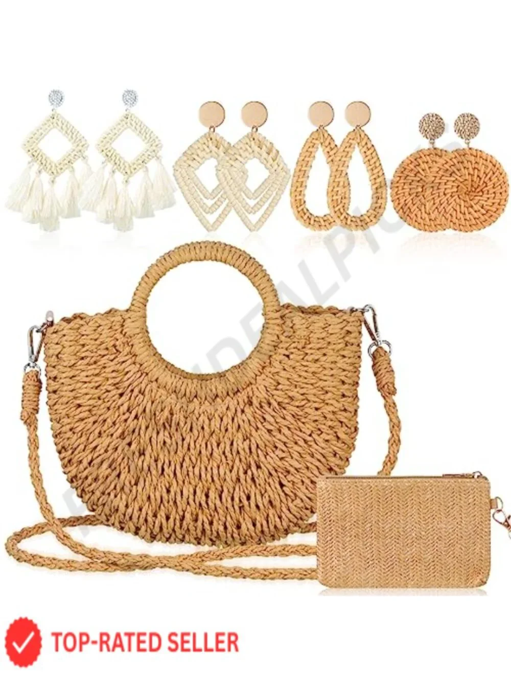 Straw Clutch Purse for Women with Rattan Earrings Set Boho Woven Handbag Summer